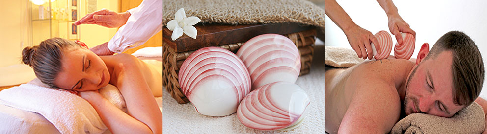 Woman flace down back massage, man face down lavashell massage, lavashells (triple image).