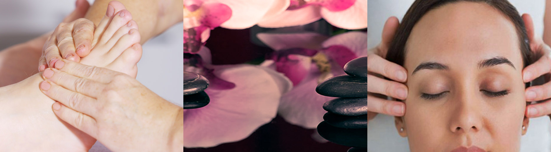 Indian Head Massage, Reflexology and some stones and bamboo (triple horizontal image)